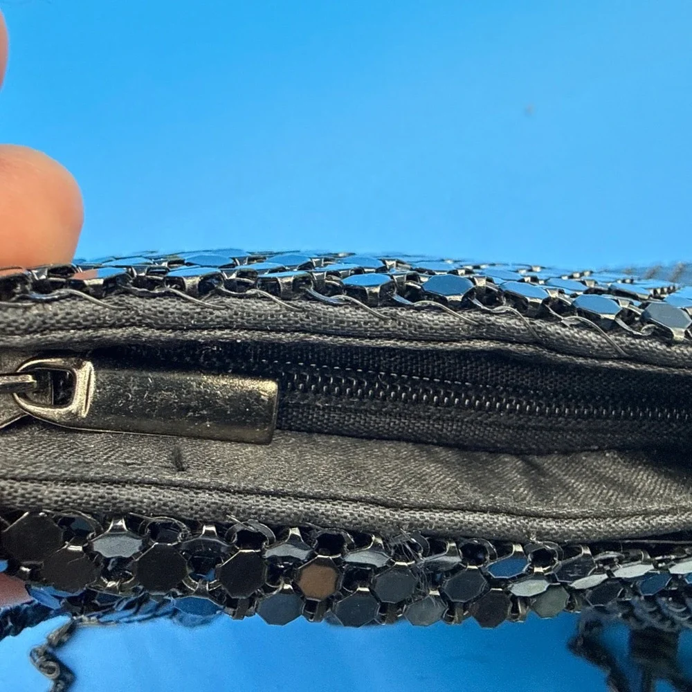 Black Beaded Evening Bag Metal Chain Shoulder Strap Purse Clutch Satin Inside